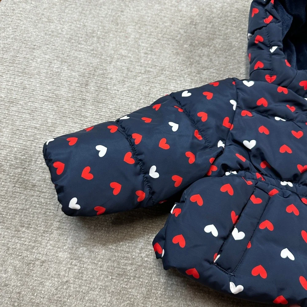 Amazon Essentials x Sofia Grainge Girls 12M Navy Hearts Hooded Puffer Jacket